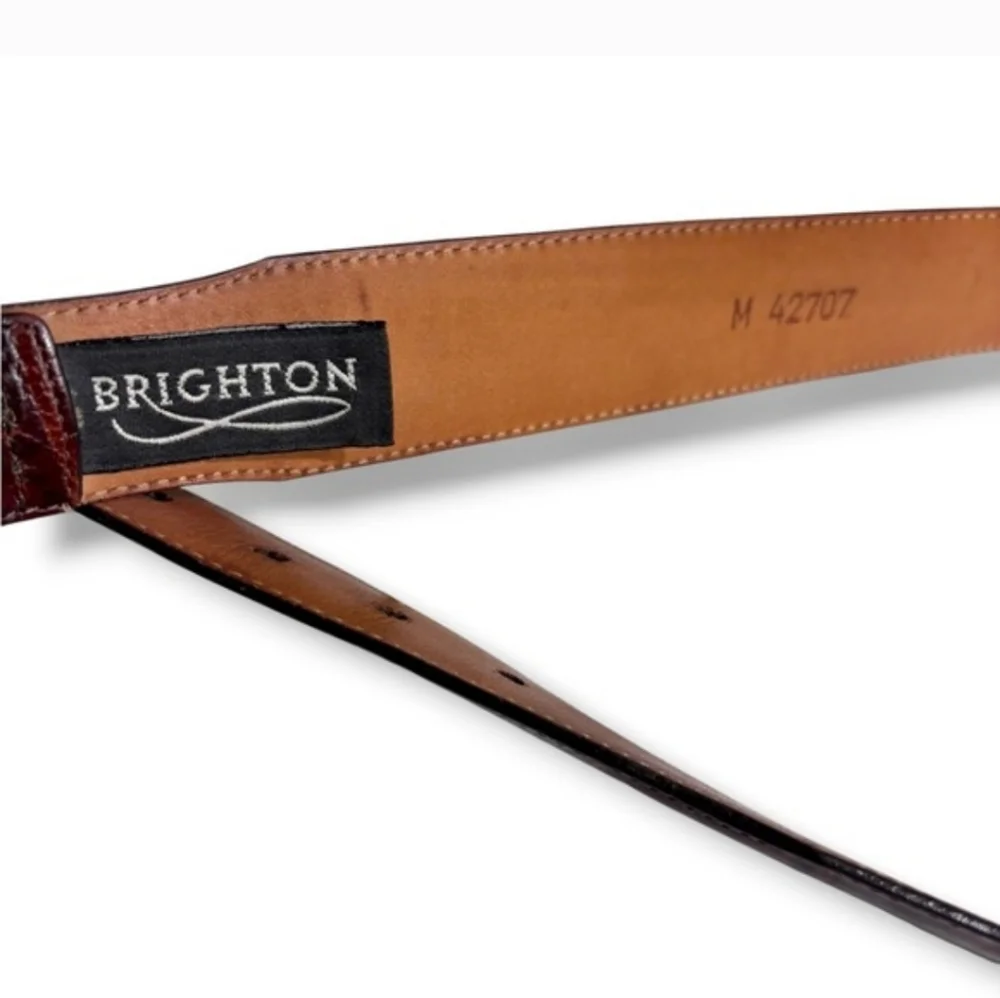 BRIGHTON Brown Croc Embossed Belt Silver Tone Filigree Details VINTAGE
